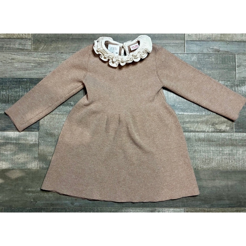 Zara Kids Girls Taupe Ribbed Knit Sweater Dress Cream Ruffle Collar - Size 3-4